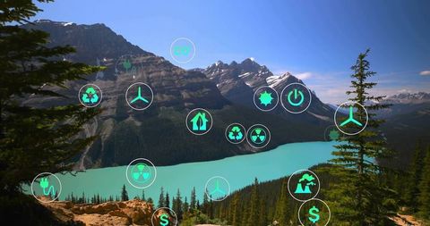 Scenic glacial lake landscape with sustainability icons
