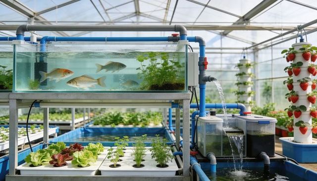 Aquaponics greenhouse featuring koi tank, hydroponic rafts and vertical strawberry towers