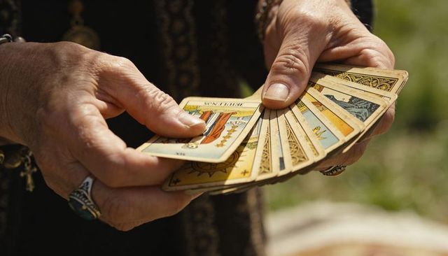 Fanning tarot cards in sunlit garden showing senior male hands with rings and bracelet