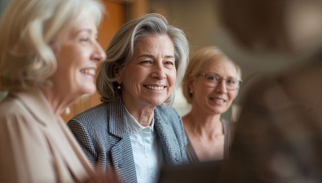 Silver-haired women sharing laughter and conversation at cozy community gathering