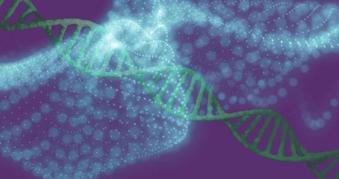 Glowing DNA Helix on Purple Backdrop with Blue Luminescence