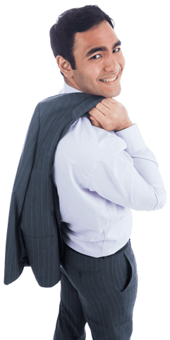 Smiling Business Professional Holding Jacket on Transparent Background