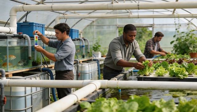Managing aquaponics system testing water and harvesting lettuce in commercial greenhouse