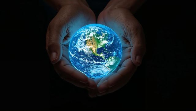 Cupped Hands Holding Glowing Earth Globe Representing Planet Care and Stewardship