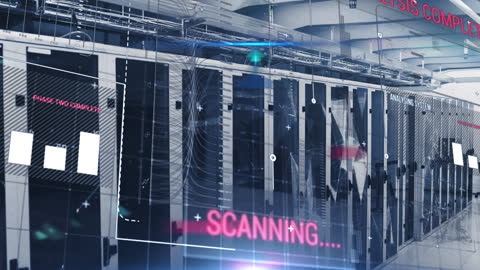 Futuristic Data Center With Scanning Interface Animation