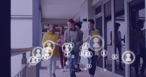 Diverse Team Collaborating Outdoors on Urban Balcony with Digital Connectivity Icons