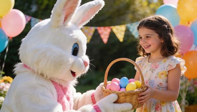 Smiling girl receiving pastel eggs from easter bunny at festive garden party with balloons