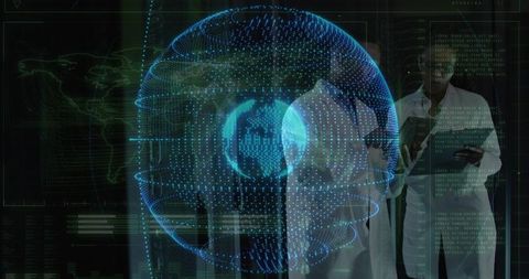 Projecting holographic globe in data lab with scientists studying tablet and analytics