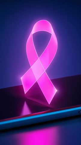 Neon Pink Ribbon Hologram Rotating Above Reflective Surface Vertical Video