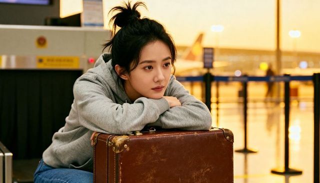 Young woman leaning on vintage leather suitcase at airport terminal waiting for flight