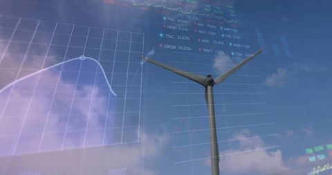 Wind Turbine Surrounded by Financial Data Interfaces