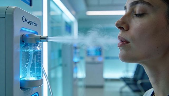 Woman inhaling oxygen mist at futuristic wellness bar for relaxation and spa therapy