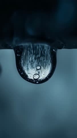 Vertical macro video of droplet forming and pinching off from dark spout with visible bubbles