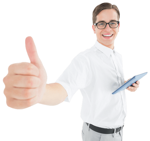 Confident Businessman Holding Tablet Showing Thumbs Up on Transparent Background - Download Free Stock Videos Pikwizard.com