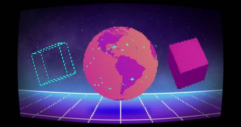 Retro Digital World with Moving Pixels and Globe