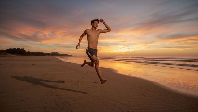 Leaping Shirtless Young Man on Sunset Beach with Reflective Wet Sand, Athletic Motion