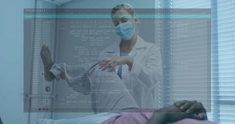 Doctor examining patient with digital code overlay reflecting medical technology