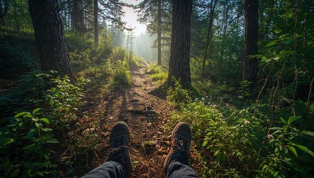 Hiker resting on sunlit forest trail showing hiking boots and morning mist