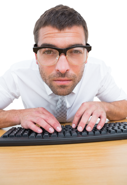 Focused Transparent Businessman Typing at Desk with Glasses - Download Free Stock Videos Pikwizard.com