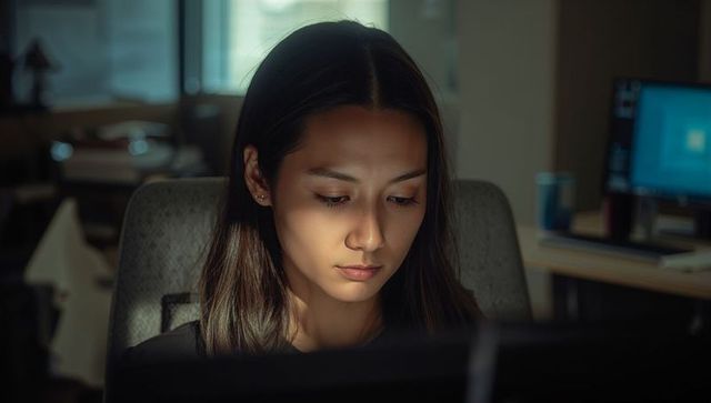 Asian woman focusing on computer screen at dim office desk with moody lighting