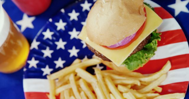 Cheeseburger and French Fries on American Flag Plate - Download Free Stock Images Pikwizard.com