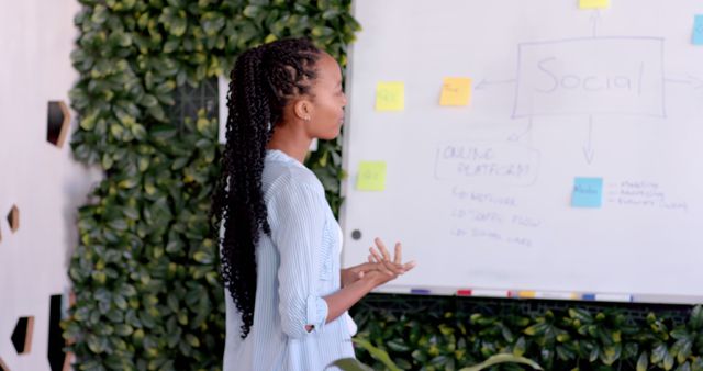 Businesswoman presenting marketing strategy on whiteboard during team brainstorming session. Ideal for use in business presentations, marketing materials, entrepreneurship articles, team collaboration concepts, and leadership illustrations.