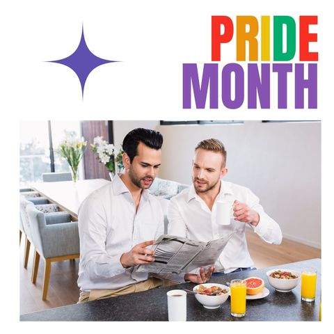 Happy lgbtq couple enjoying breakfast and a newspaper