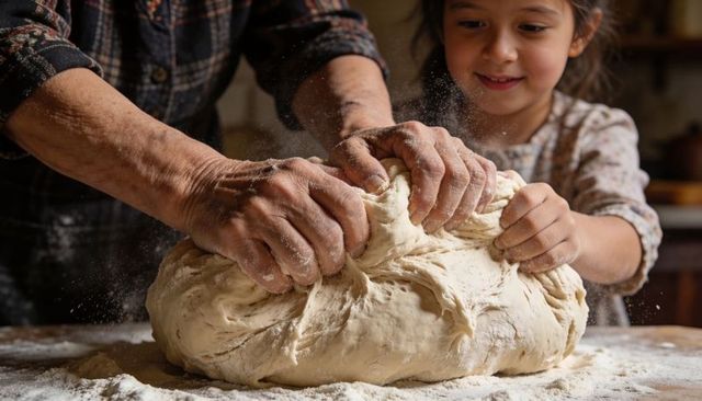 Hands kneading dough together in rustic kitchen, flour dust, family baking moment