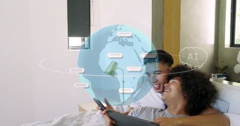 Young couple lounging on bed using tablet and phone with ai globe overlay