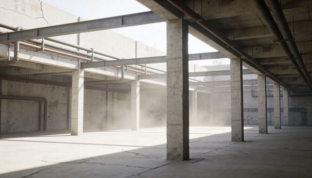 Sunlit empty industrial warehouse interior with concrete columns casting long dusty shadows