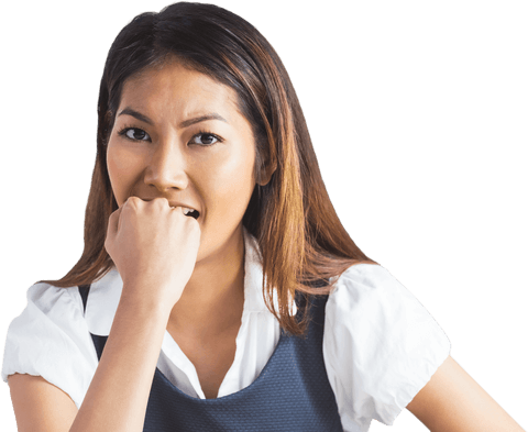 Concerned Businesswoman Biting Fist Against Transparent Background
