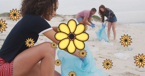 Diverse volunteers conducting beach cleanup drive