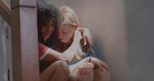 Diverse group of teenage girls hugging and showing support on stairwell. Perfect for use in articles or materials on friendship, mental health awareness, emotional support in adolescence, or overcoming challenges. Can also be used in campaigns emphasizing inclusive, supportive friendships.