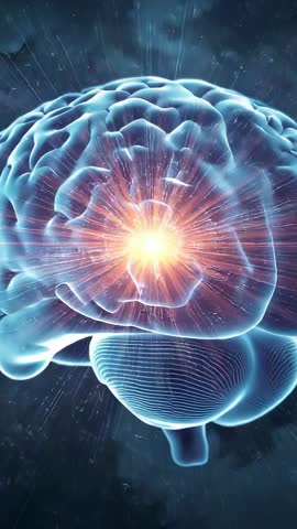 Rotating electric-blue brain core emitting radiant neural pulses in futuristic starfield vertical vi