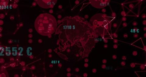 Pulsing digital globe showing currency labels and network nodes in neon red cyber mesh