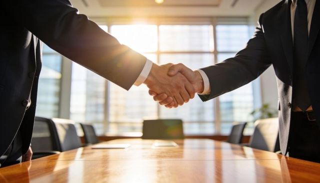 Executives shaking hands across boardroom table sealing corporate partnership at sunrise