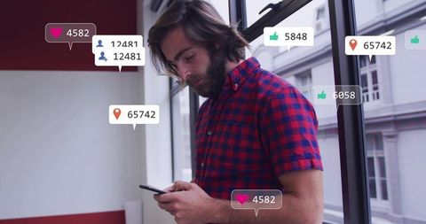 Scrolling man checking smartphone with social likes, followers and location overlays