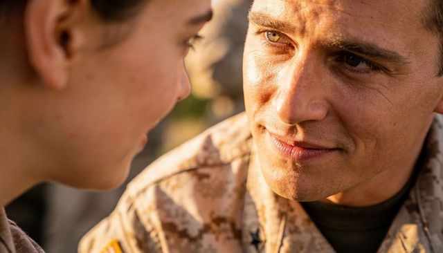 Intimate military close-up officer gazing at comrade in desert camouflage golden hour