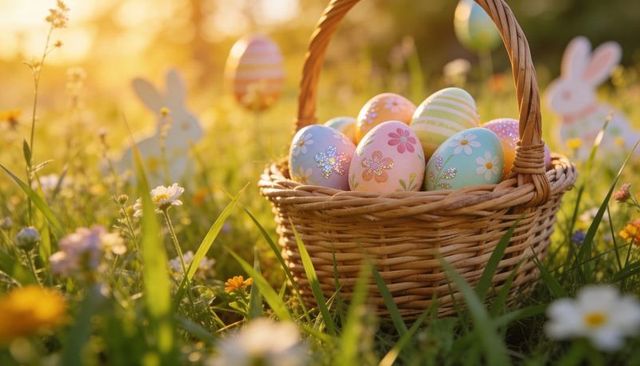 Sunlit easter basket filled with pastel painted eggs in wildflower meadow at sunrise
