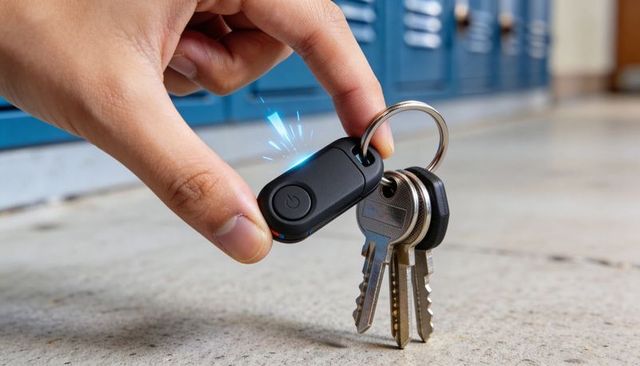 Hand pressing glowing smart key finder fob on keyring with metal keys near lockers