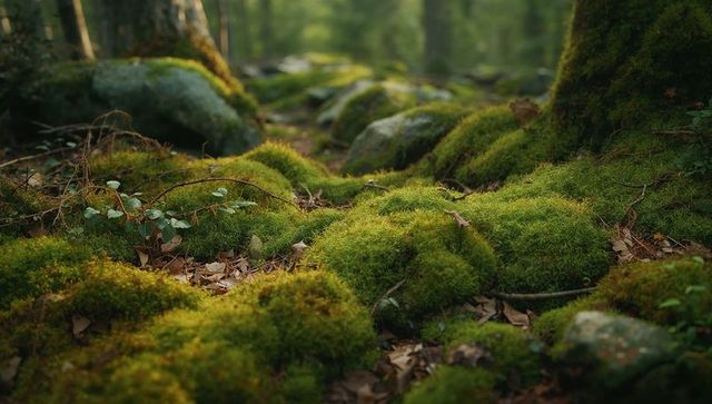 Mossy woodland floor with lush green mounds, lichen rocks and soft sunlit bokeh