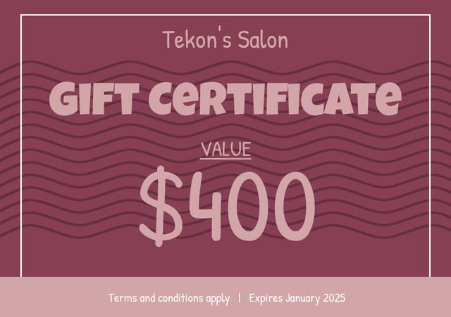 This $400 salon gift certificate features an elegant maroon and pink design with wavy lines, offering a luxurious treat at Tekon's Salon. Ideal for treating loved ones to beauty services such as haircuts, nail treatments, or spa experiences. Perfect for special occasions like birthdays, anniversaries, or holidays. Contains terms and conditions and an expiration date of January 2025.