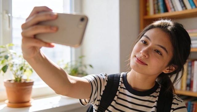 Sunlit teen taking selfie near window wearing striped tee and backpack, casual student portrait