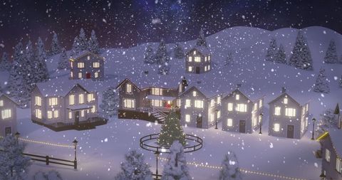 Snowy Village Night Festivities with Glowing Holiday Decorations