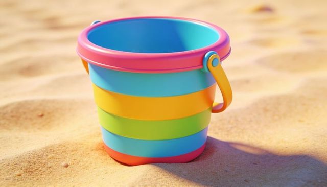 Striped rainbow beach bucket resting on sunlit sand casting soft shadow