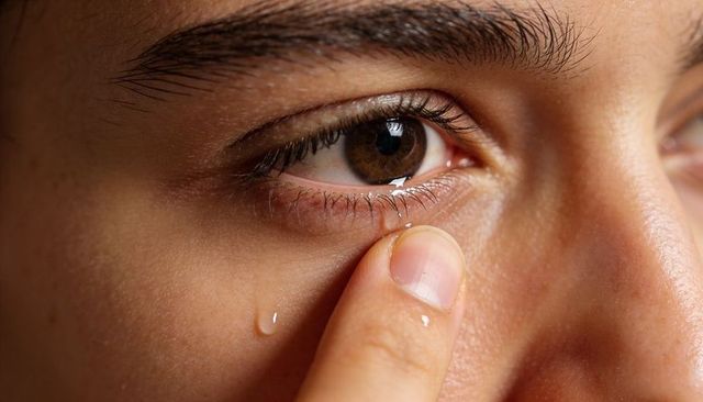 Close-up tearful eye showing finger pulling lower eyelid brown iris emotional detail