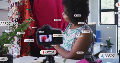 Influencer presenting dress in home studio with social media engagement