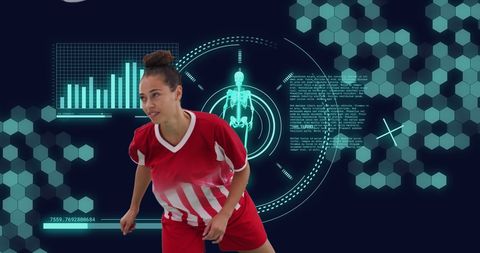 Dynamic soccer player with futuristic digital interface