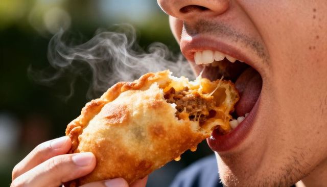 Man biting steaming cheese empanada, holding crispy golden pastry with gooey filling outdoors