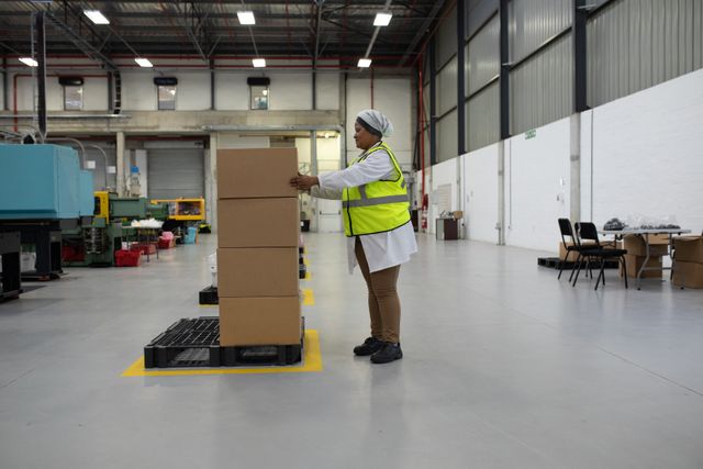 Side view of a focused biracial female worker, busy working in a factory warehouse, wearing a hair net and a high visibility vest, inspecting a stack of cardboard boxes for delivery